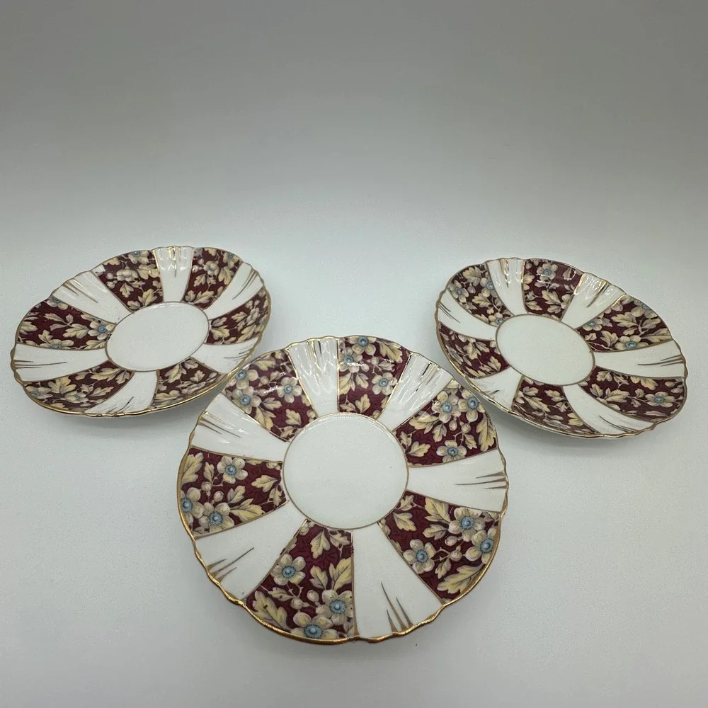 Royal Albert Brocade Art Deco Panel Shape Teacups and Saucers Set of 3 Burgundy